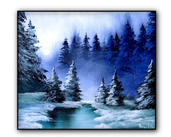 snowing winter pond acrylic landscape painting by urartstudio.com 1