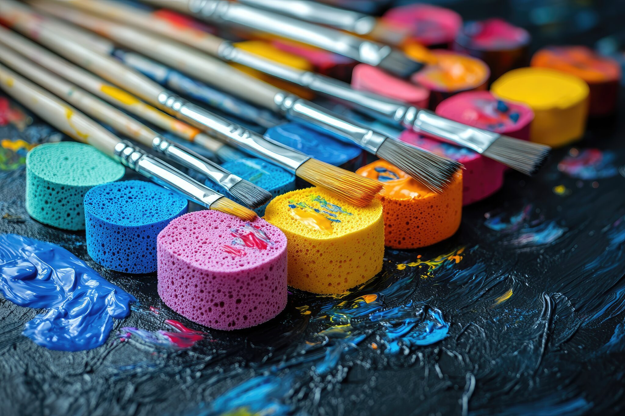 Colorful Paintbrushes and Sponges Resting on a Black Palette