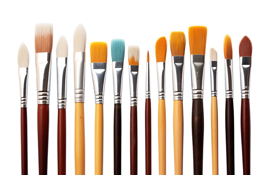 A Row of Paintbrushes Awaiting Their Artistic Destiny on White or PNG Transparent Background..