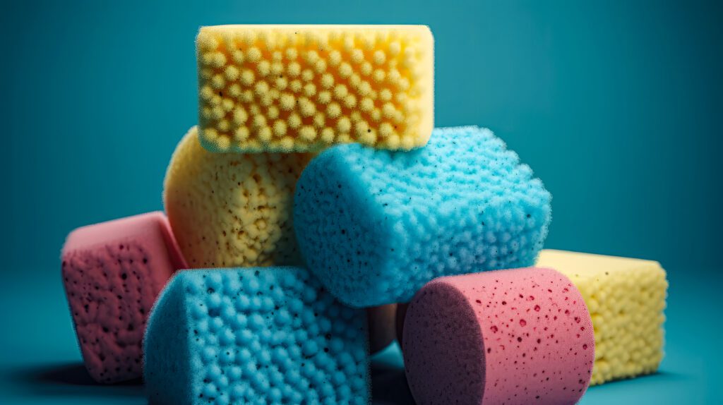 Various sponges for cleaning and dishwashing. Generative AI