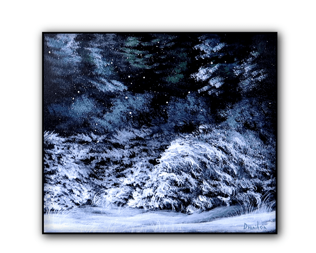 winter forest on black canvas acrylic landscape painting by urartstudio.com 1