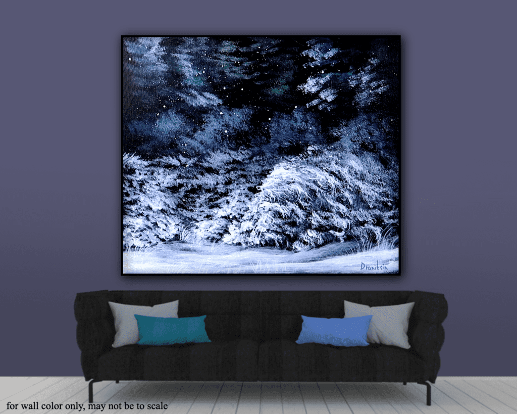 Winter Snow Covered Forest on Black Canvas