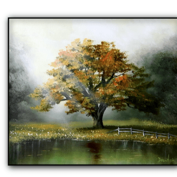 1oak tree in sunlight by the lake acrylic landscape painting by urartstudio.com