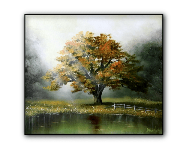 1oak tree in sunlight by the lake acrylic landscape painting by urartstudio.com