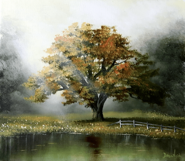 1oak tree in sunlight by the lake acrylic landscape painting by urartstudio.com