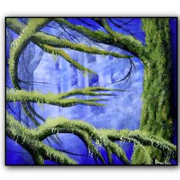 big mossy trees on ultramarine background acrylic landscape painting by urartstudio.com 1