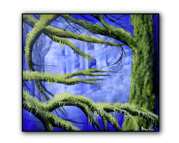 big mossy trees on ultramarine background acrylic landscape painting by urartstudio.com 1