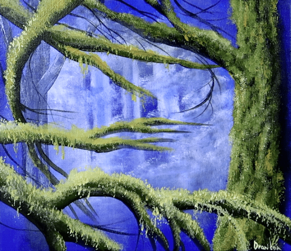 big mossy trees on ultramarine background acrylic landscape painting by urartstudio.com 1