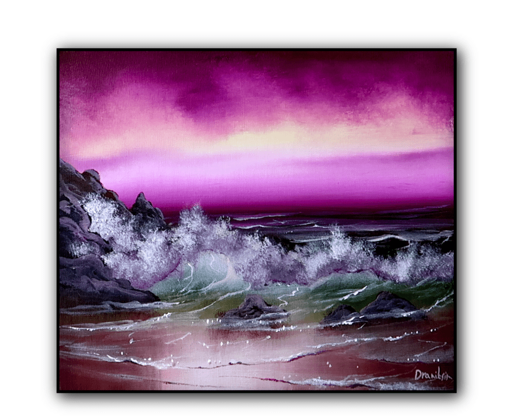 New painting tutorial titled “Palette of the Sea: Step by Step Painting of Purple Waves on Rocky Shore.