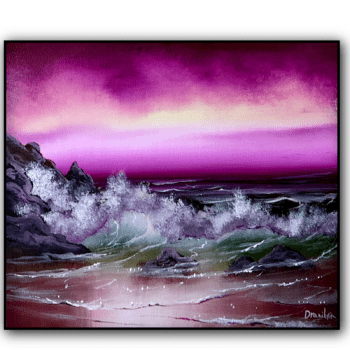 purple ocean waves on rocky beach acrylic seascape painting seasparkart by urartstudio.com 1