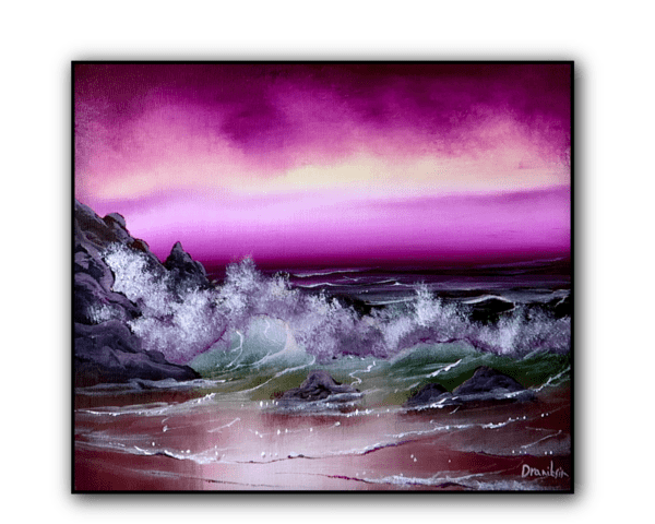 purple ocean waves on rocky beach acrylic seascape painting seasparkart by urartstudio.com 1