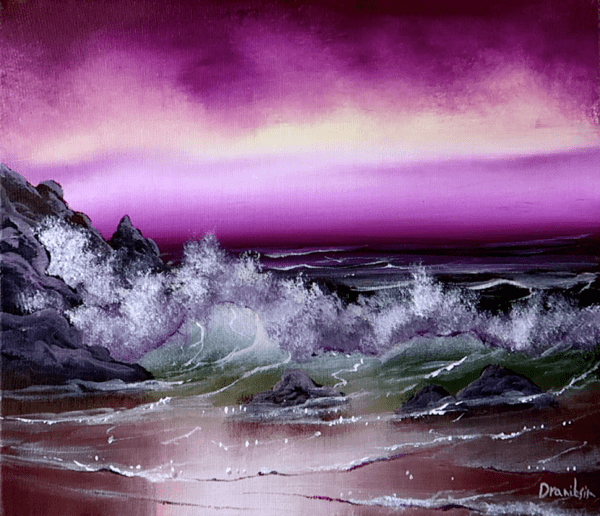 purple ocean waves on rocky beach acrylic seascape painting seasparkart by urartstudio.com 1