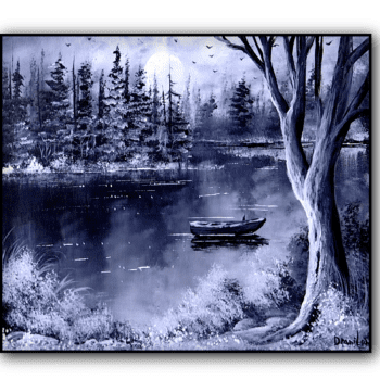 black and white boat on lake landscape painting by urartstudio.com 1