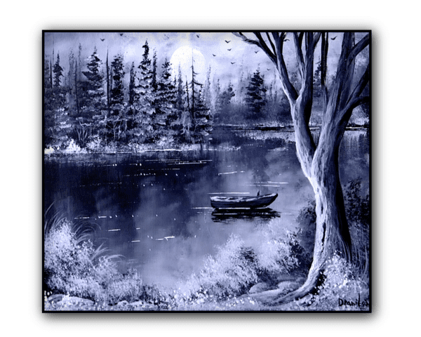 black and white boat on lake landscape painting by urartstudio.com 1