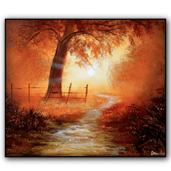 Pathway to Peace: How to Paint a Beautiful Sunrise Path with a Majestic Tree and Fence in Acrylic 1