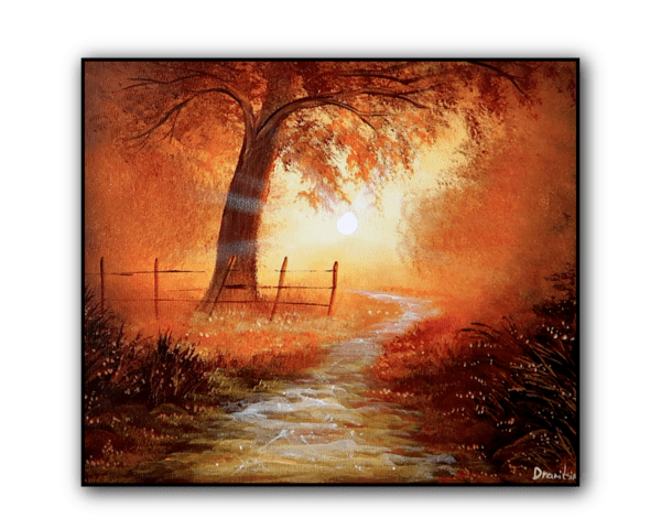 Pathway to Peace: How to Paint a Beautiful Sunrise Path with a Majestic Tree and Fence in Acrylic 1