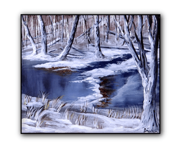 Serenity in Frost, Acrylic Painting of a Frozen Stream | Easy Painting for Beginners 1