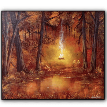 Glow of the Night, Cozy Campfire Reflecting in a Serene Pond