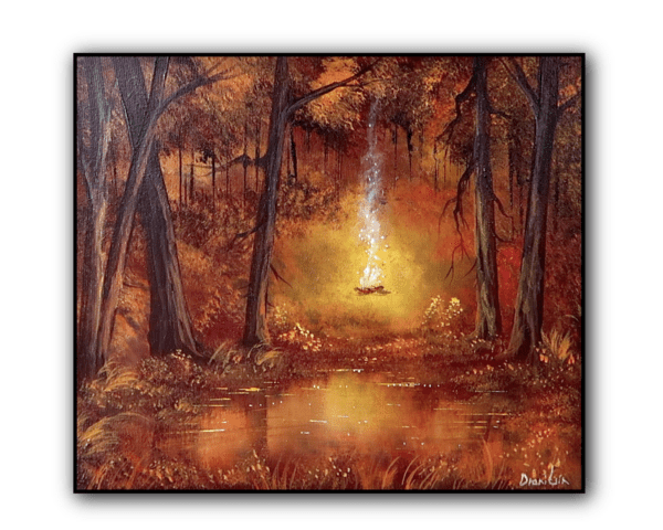 Glow of the Night, Cozy Campfire Reflecting in a Serene Pond