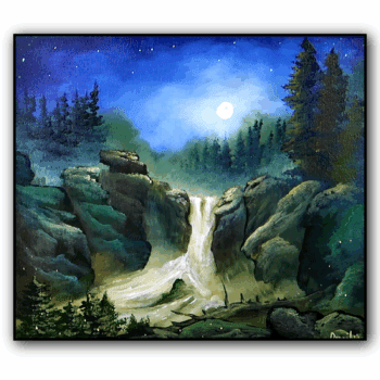Moonlight Waterfall in the Night Forest | Landscape Art | Oval Brush Technique | Acrylics