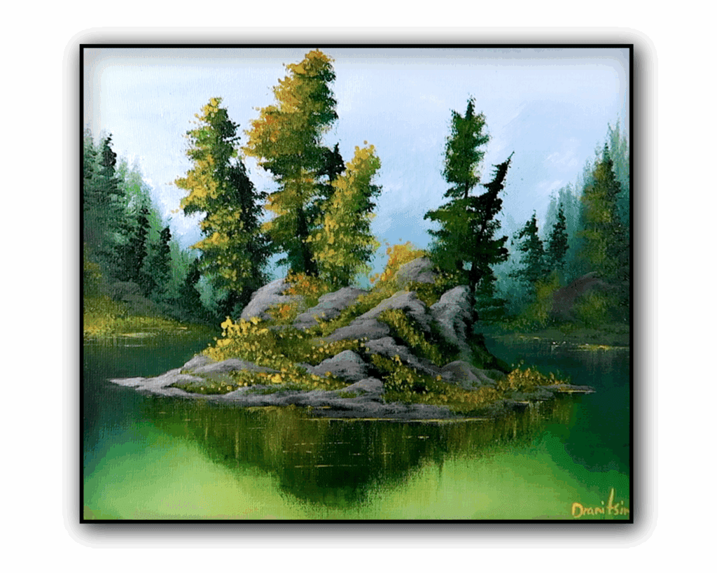 Emerald Haven: A Serene Green Island on the Lake Captured in Acrylic Brilliance