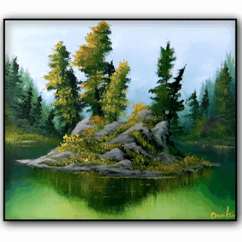 Emerald Haven: A Serene Green Island on the Lake Captured in Acrylic Brilliance