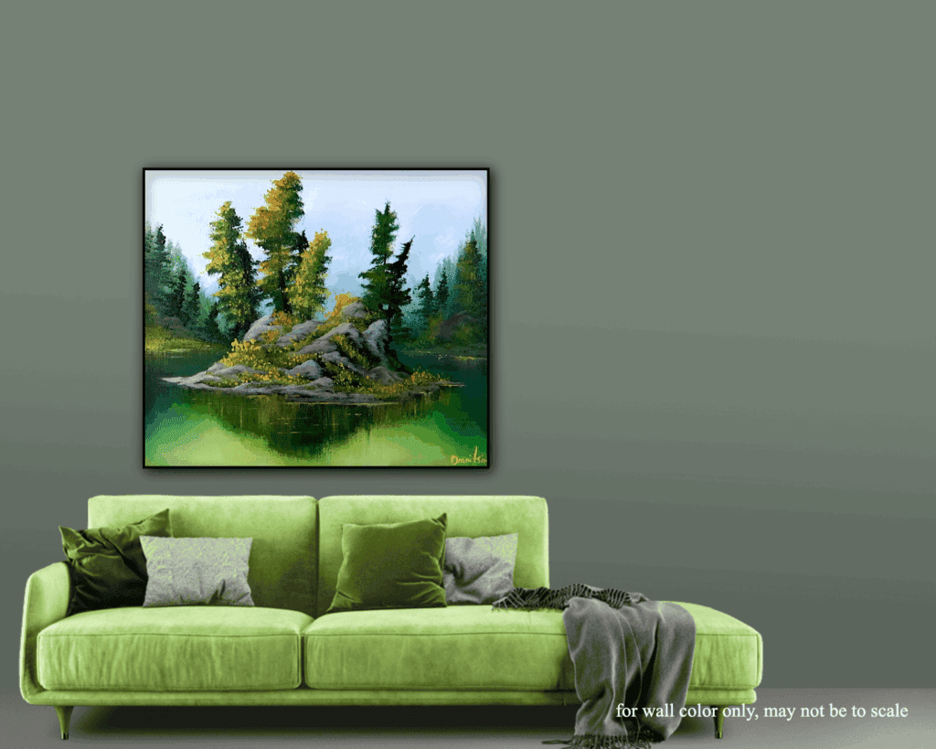 🌿 “Emerald Haven: A Serene Green Island on the Lake Captured in Acrylic Brilliance” 🌿