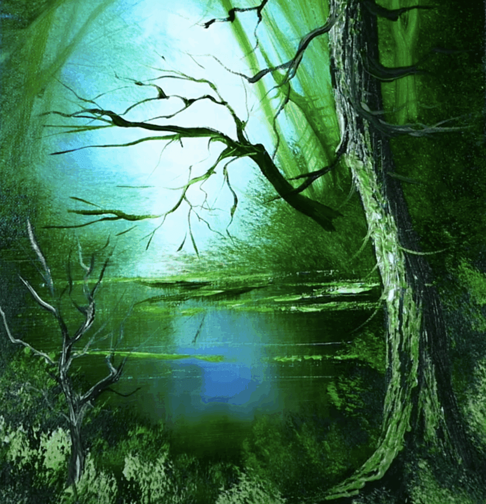 Deep Green Forest: Painting a Serene Forest with a Secret Lake, Towering Tree, and Radiant Light