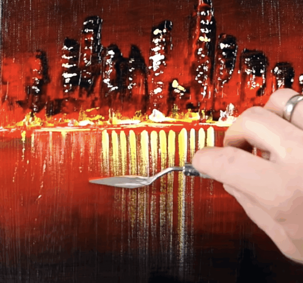Red City Radiance: Acrylic Palette Knife Artwork with a Twist