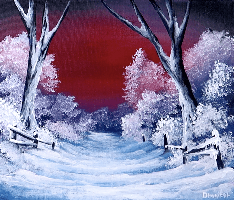 Red Winter Sky Magic | Creating a Snowy Path with Acrylics | Easy Step-by-Step Guide