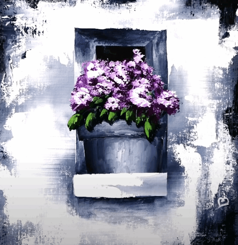 Purple Flowers in a small Window | black and white background | Oval Brush Art | Masking Tape