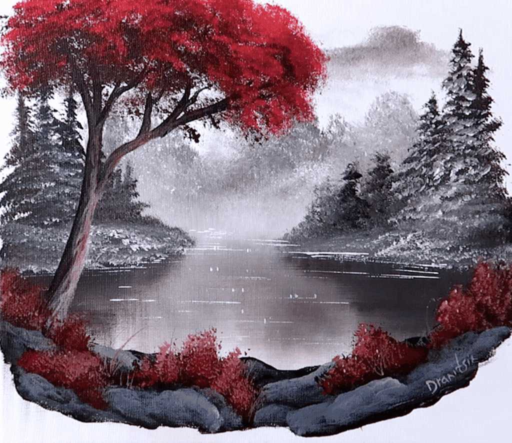 Painting a Red Tree on the Lake | Acrylic Landscape Art | Oval Brush Technique #landscapeart #art