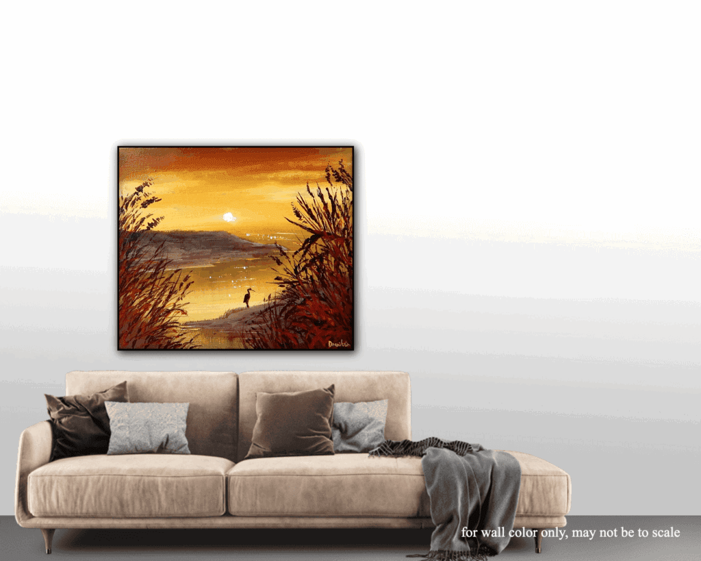 Lake Sunset with Bird Silhouette | Peaceful Island Scene | Tall Grass Landscape | Acrylics