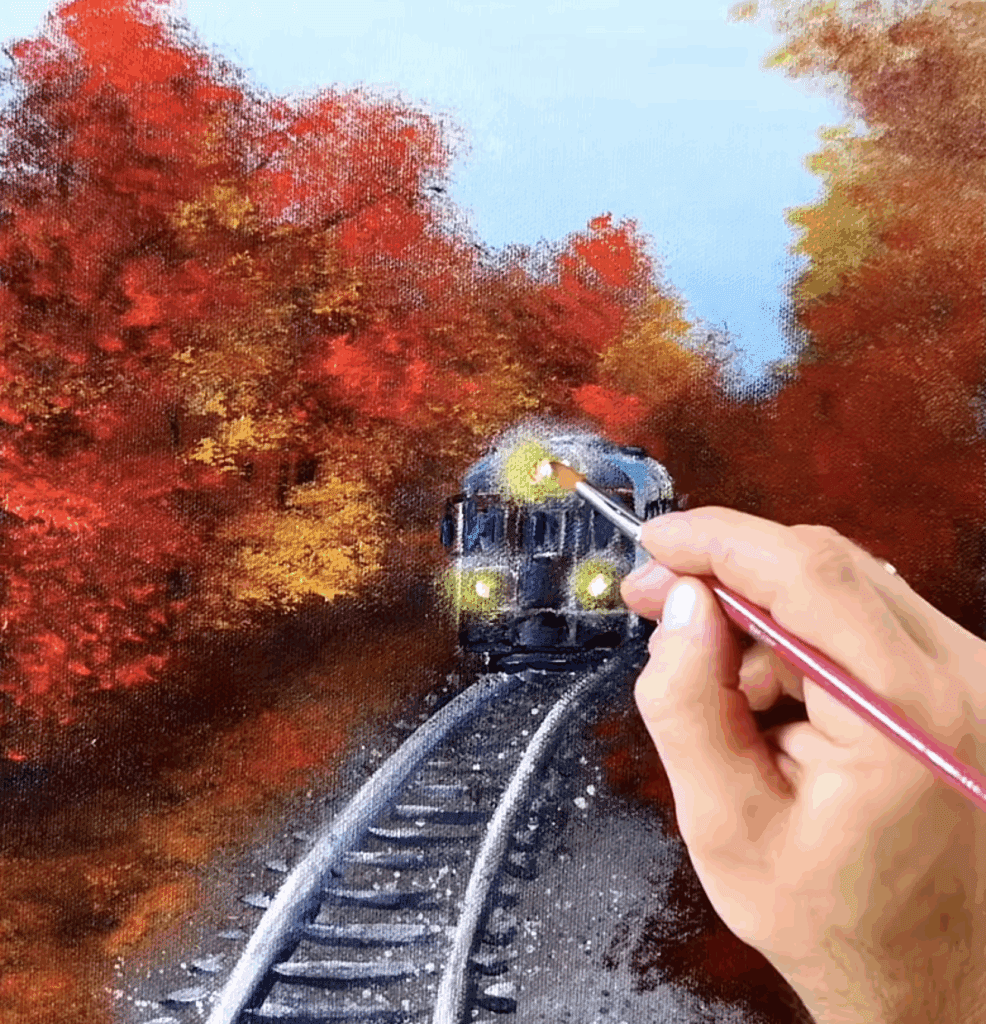 How to paint Autumn Train | Step-by-Step Acrylic Painting | Oval Brushes