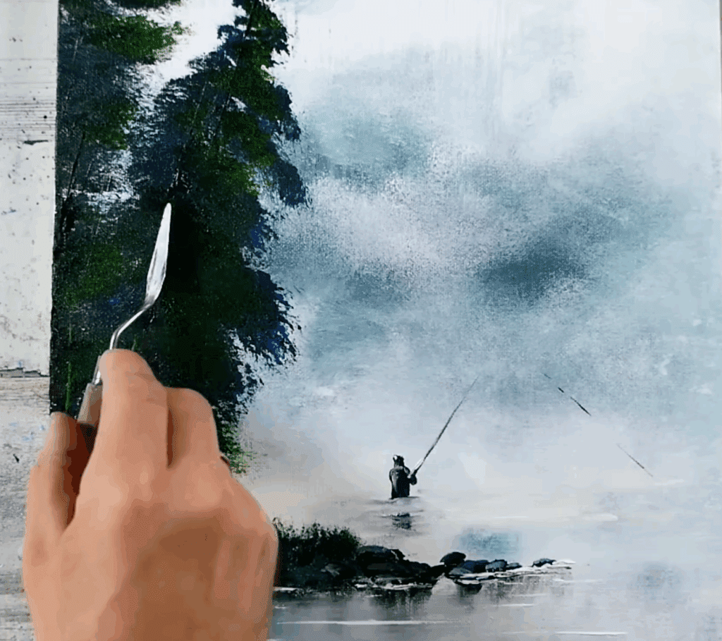 Serene Landscape with Fisherman | Oval Brush Technique in Acrylics
