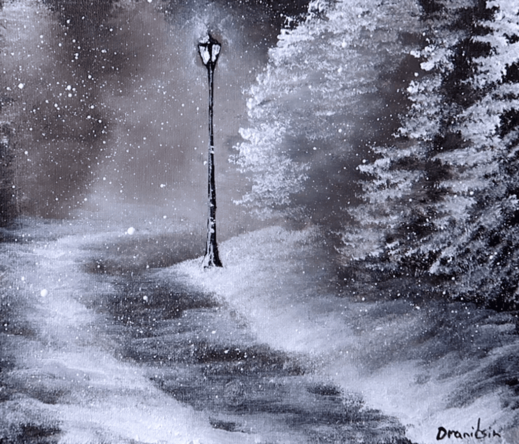 night winter trail acrylic landscape painting by urartstudio