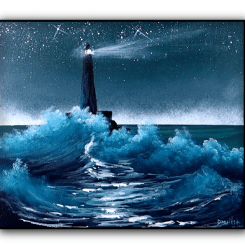 Night Lighthouse – Glowing Horizon & Ocean Waves Breaking on Rocks