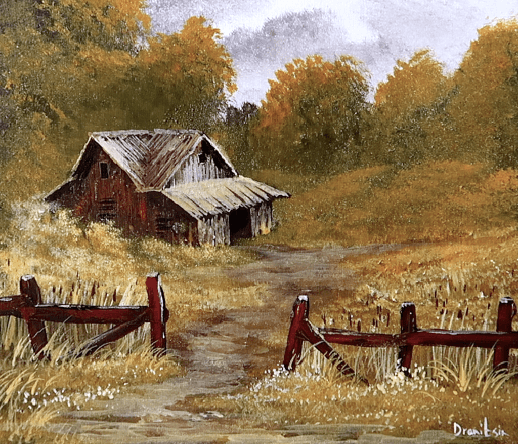 House in Field with Fence – Rustic Autumn Farm Scene