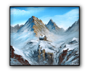 mountain cabine by frozen waterfall 