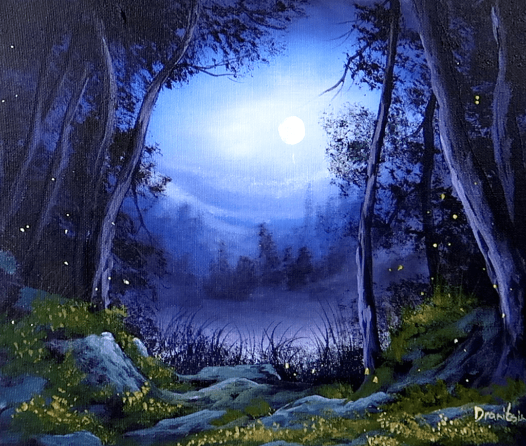 Moonlit Forest | Quick Acrylic Landscape Painting | Oval Brush Art