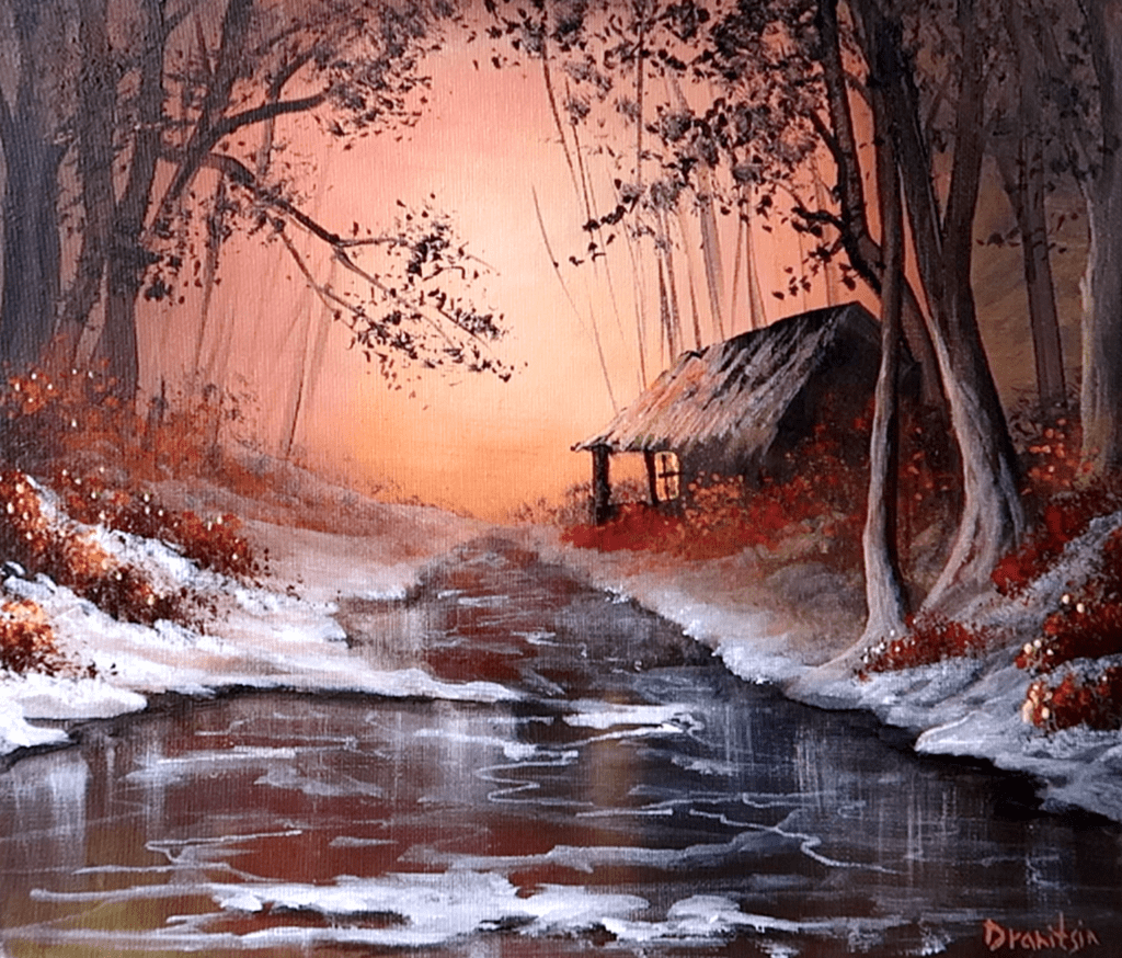 Frozen River Cabin in the Sunset Glow | Acrylic Landscape Painting | Oval Brush Art