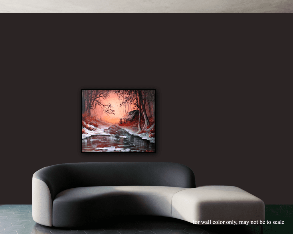 Frozen River Cabin in the Sunset Glow | Acrylic Landscape Painting | Oval Brush Art