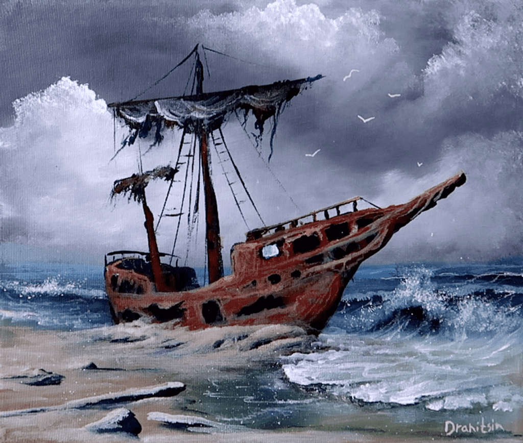 Shipwreck on a Sandy Beach | Quick Acrylic Painting | Oval Brush Art