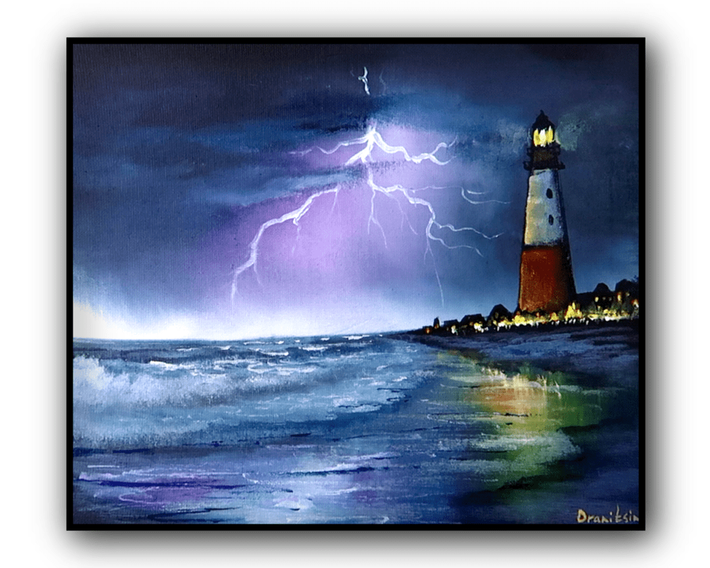 lightning city lighthouse ocean