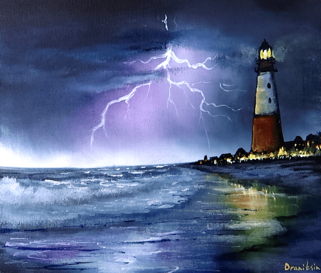 Night Time Lighthouse Scene | City Lights Reflection | STEP BY STEP PAINTING GUIDE