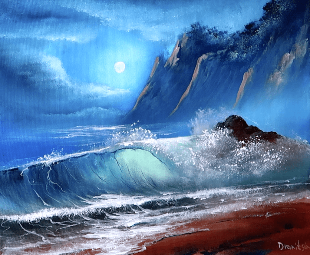 Silent Wave Breaking on Rocks | Night Ocean | Full Moon | Distant Mountains |